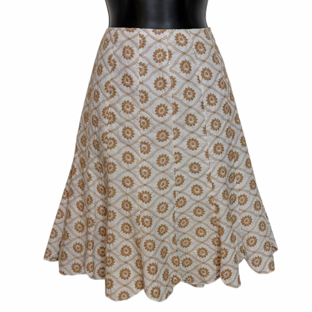 KELLY & DIANE COTTAGECORE BOHO EMBROIDERED FLORAL FLARE KNEE SKIRT SIZE 8 IVORY